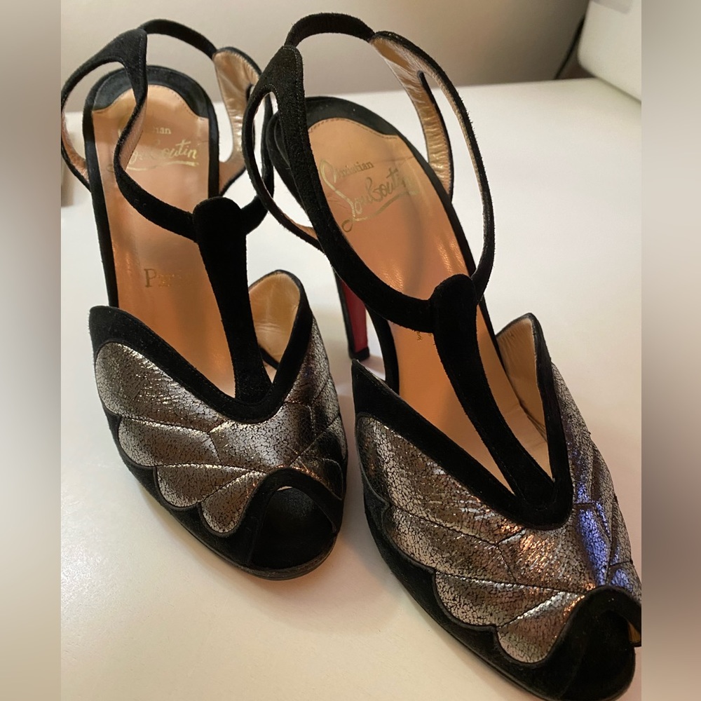 Christian Louboutin Black Velvet and Silver Heels